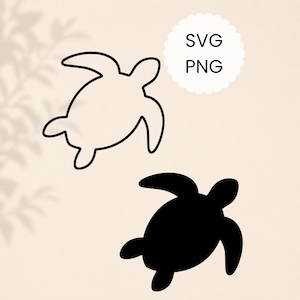 May include: A digital graphic featuring two sea turtle illustrations: one black outline and one solid black silhouette. A white scalloped circular badge in the upper right corner contains the black text SVG and PNG, indicating the file formats.