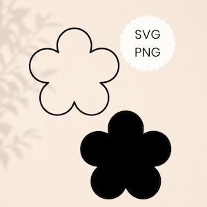 Può includere: Due disegni a forma di fiore, uno delineato in nero e l'altro nero pieno, sono visualizzati su uno sfondo beige. Un cerchio bianco smerlato con il testo "SVG PNG" si trova nell'angolo in alto a destra. L'immagine suggerisce elementi di design digitale.