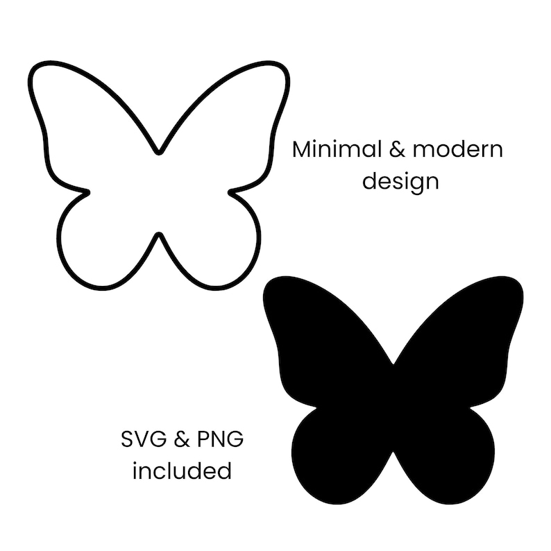 Peut inclure: Un design minimaliste avec deux illustrations de papillons. L'une est une silhouette noire, l'autre un contour blanc. Le texte "Minimal & modern design" et "SVG & PNG included" sont &eacute;galement pr&eacute;sents.
