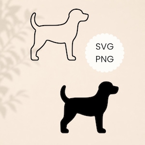 Könnte beinhalten: Eine digitale Grafik mit einer schwarzen Umrisszeichnung eines stehenden Hundes im Profil, einer massiven schwarzen Silhouette desselben Hundes und einem weißen gezackten Kreis mit dem schwarzen Text SVG und PNG auf beigem Grund.