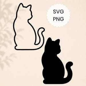 Könnte beinhalten: Eine digitale Grafik mit zwei Katzensilhouetten in sitzender Position. Eine Katze ist als schwarze Umrisslinie dargestellt, die andere als ausgefüllte schwarze Form. Der Text SVG und PNG steht in einem weißen, gewellten Kreis über den Katzen.