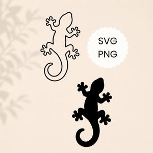 May include: A digital graphic featuring two lizard silhouettes, one outlined in black and one solid black, positioned below a white scalloped circle containing the black text SVG and PNG. The design is presented on a light beige background.
