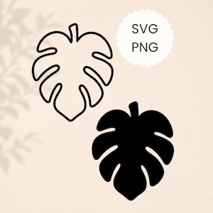 May include: Two tropical monstera leaf designs, one outlined in black and the other solid black, are displayed against a neutral background. A white circular graphic with the text "SVG PNG" is also present, suggesting digital design elements.