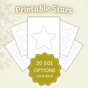 Op de afbeelding: Een verzameling witte vellen papier met zwarte contouren van sterren in verschillende formaten. De tekst Printable Stars staat bovenaan en een gouden, geschulpte badge onderaan toont de tekst 30 SIZE OPTIONS CM & INCH.