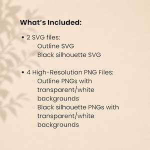 Peut inclure: Fond beige avec le texte "What's Included:" suivi d'une liste &agrave; puces. La liste d&eacute;taille 2 fichiers SVG, y compris les versions de contour et de silhouette noire, et 4 fichiers PNG haute r&eacute;solution avec des arri&egrave;re-plans transparents/blancs.