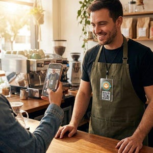 May include: A clear plastic ID badge holder worn on a black lanyard over an olive green apron. The badge features a colorful graphic of a latte art coffee cup above a square black and white QR code. The holder is rectangular with rounded corners.