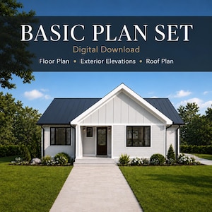 Planos básicos de una casa de campo moderna: vivienda de 2 dormitorios y 2 baños (descarga digital).