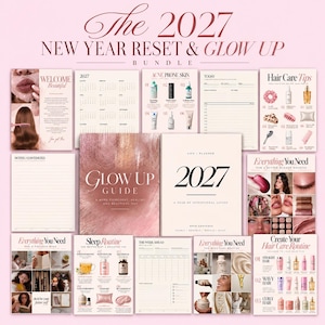 Peut inclure: Un ensemble 2027 New Year Reset and Glow Up comprenant une collection de pages de planification imprimées, de guides et de listes de contrôle. Le kit inclut un agenda 2027, un guide de bien-être et divers suivis de routines beauté et sommeil.
