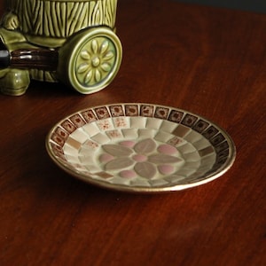 Vintage Mosaic Tile Decorative Small Round Bowl Mid Century Pink and Brown Ceramic Tile Retro Home Decor Trinket Tray
