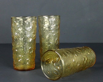 Vintage Amber Tumbler Glassware Mid Century Barware Glasses set of Three Retro Drinking Glasses 3