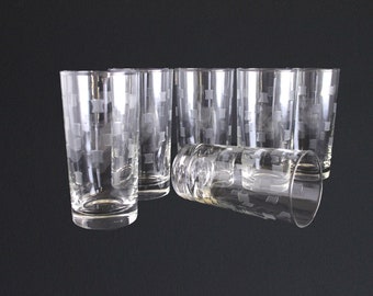 Vintage Libby Windsor Etched Glassware set of 6 Mid Century Highball Tumbler Barware Atomic MCM Cocktail Glasses