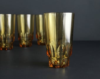 Vintage Amber Tumbler Glassware Mid Century Barware Glasses set of Four Thumbprint Retro Drinking Glasses 4 Heavy Weight Glass