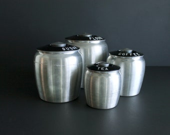 Vintage Kromex Canister Set Spun Aluminum WIth Black Lids 4 Piece Set Coffee Tea Sugar Flour Retro Kitchen Decor