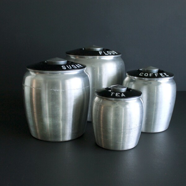 Vintage Kromex Canister Set Spun Aluminum WIth Black Lids 4 Piece Set Coffee Tea Sugar Flour Retro Kitchen Decor