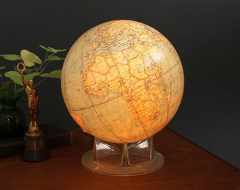 Vintage Light Up Time Life Globe Manufactured by Replogle Globes Inc. 12 Inch Globe On Plastic Acrylic Cradle Stand Illuminated Night Light