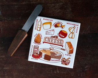 Trivet de azulejo decorativo de queso Vintage, variedad de quesos, azulejo de porcelana, decoración de cocina de mediados de siglo