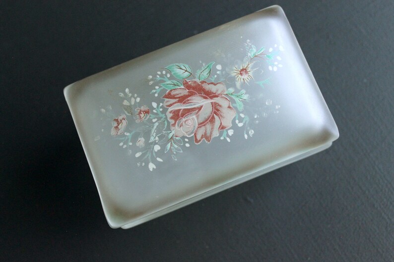 Vintage Glass Trinket Box with Bohemian Victorian Floral Painted Hinged Lid image 7