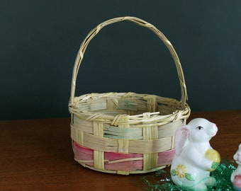 Vintage Easter Basket Wicker With Pink Stripe Round Medium Size Ratan Basket With Handle