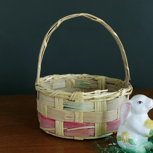 Vintage Easter Basket Wicker With Pink Stripe Round Medium Size Ratan Basket With Handle