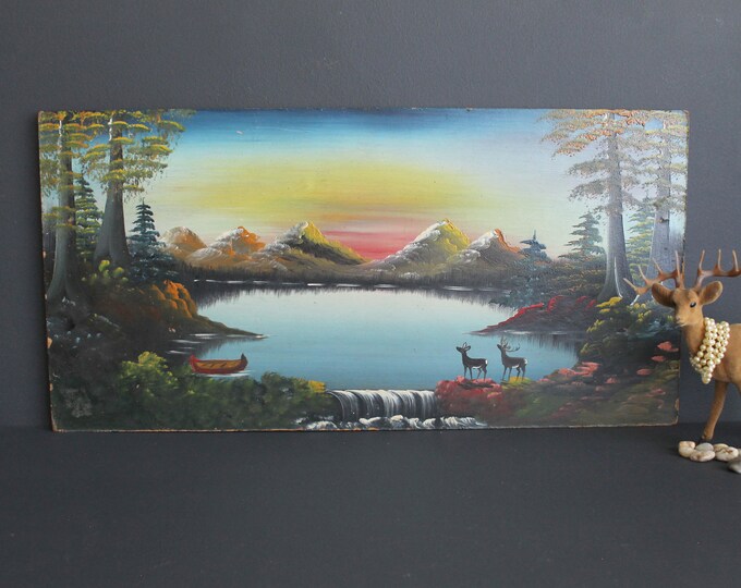 Vintage Folk Art Landscape Painting Deer Lake and Mountains Oil Paint
