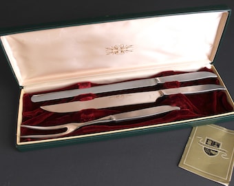 Vintage Danish Modern Carving Knifes and Fork Serving Set Stainless Austria Stainless Steel with Storage Case