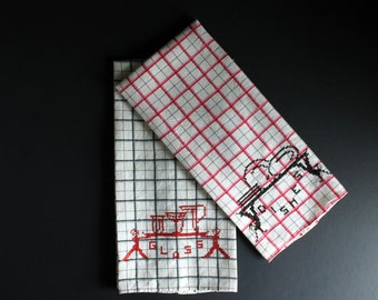 Vintage Cotton Dish Towel Set Of Two Cross Stitch Glasses and Dishes Pattern Red and Black Plaid