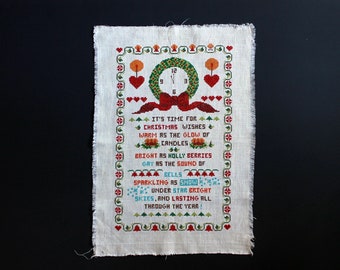 Vintage Cross Stitch It's Time For Christmas Wishes Shabby Chic Wall Art Hand Made Xmas Holiday Retro Decor 1970s