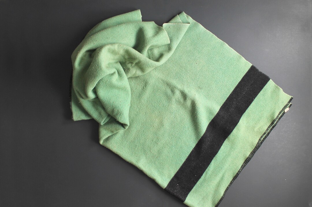 Vintage Green Wool Blanket With Black Stripe and Blanket Stitched Ends