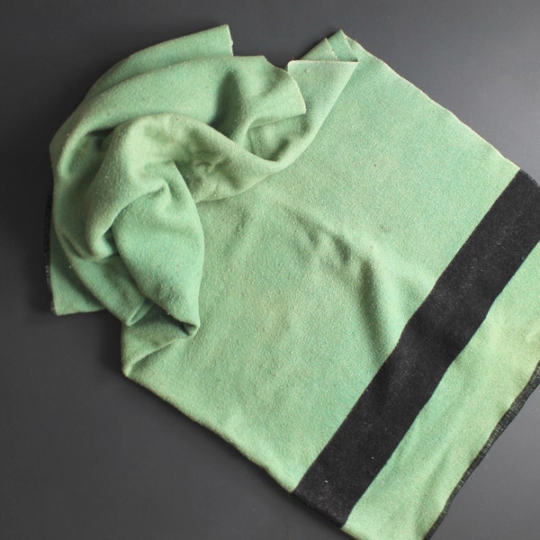 Vintage Green Wool Blanket With Black Stripe and Blanket Stitched Ends by Baron Woolen Mills Brigham City Utah