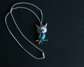 Vintage Silver and Turquoise Owl Necklace Ladies Wise Owl Woodland Jewelry
