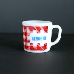 Vintage Red and White Gingham Plaid "KENNETH"  Coffee Cup by Federal Glass Company