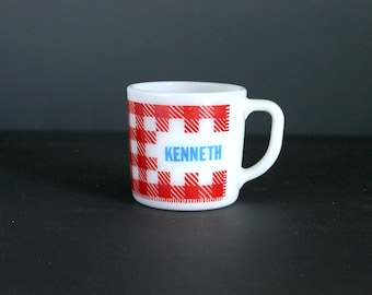 Vintage Red and White Gingham Plaid "KENNETH"  Coffee Cup by Federal Glass Company