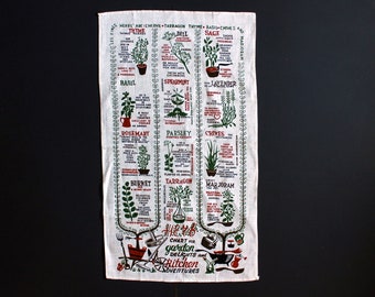 Vintage Herb Chart Cotton Linen Tea Towel Gardening Culinary Kitchen Decor