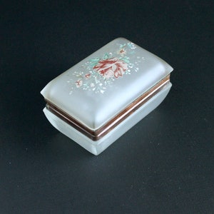 Vintage Glass Trinket Box with Bohemian Victorian Floral Painted Hinged Lid image 1