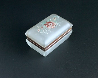 Vintage Glass Trinket Box with Bohemian Victorian Floral Painted Hinged Lid