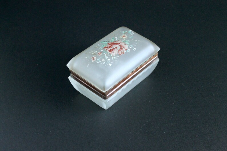 Vintage Glass Trinket Box with Bohemian Victorian Floral Painted Hinged Lid image 1
