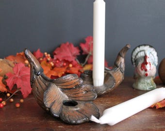 Vintage Cornucopia Candle Holder Pair Mid Century Thanksgiving Home Decor Leaf Design