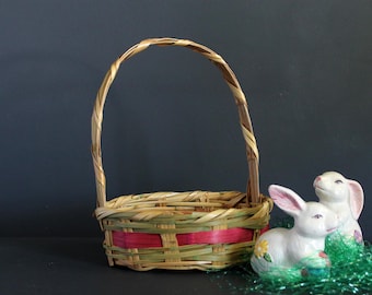 Vintage Easter Basket Oval Small Size Natural Wicker with Pink and Green Stripe