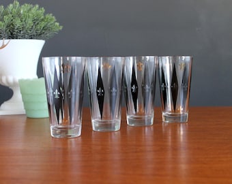 Vintage Tumbler Glassware Harlequin Diamond and Fleur De Lis Black and Gold Tapered Tumbler Set Of 4