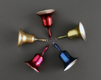 Vintage Metal Bell Shaped Christmas Tree Ornaments with Clapper Set of 5 Red Blue Gold