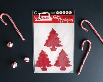 Vintage NOS Iron-On Red Felt Christmas Tree Appliqués by Walco Mid Century Holiday Crafts