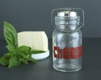 Vintage Typographic CHEESE Jar Mod Font Clear Glass Container Clamp Top