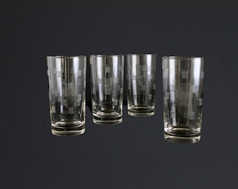 Vintage Libby Windsor Etched Glassware set of 4 Mid Century Highball Tumbler Barware Atomic MCM Cocktail Glasses