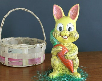 Vintage Easter Bunny Sitting Yellow Rabbit With Carrot Ceramic Hand Painted Kitschy Spring Home Deco