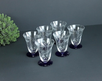 Vintage Etched Glasses with Cobalt Blue Foot By Weston Louie WGL1 Set Of 6