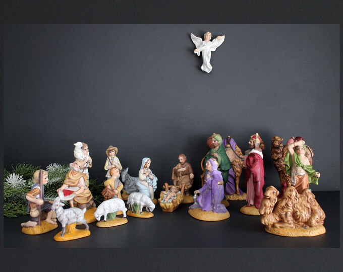 Vintage Large Ceramic Nativity Scene 19 Piece Hand Painted Christmas