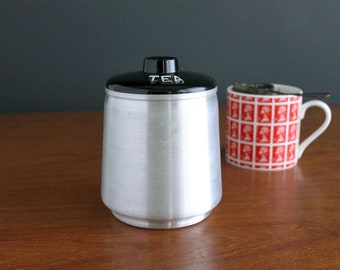 Vintage Kromex TEA Canister Spun Aluminum with Black Lid