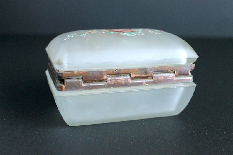 Vintage Glass Trinket Box with Bohemian Victorian Floral Painted Hinged Lid image 4