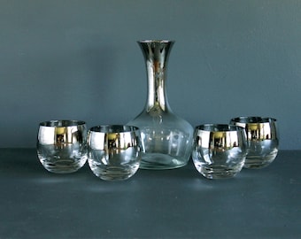 Vintage Mid Century Ombre Fade Silver Rim Wine Rolly Polly Glasses and Decanter Carafe Set