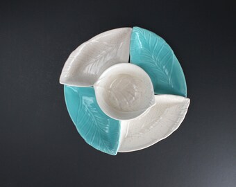 Vintage Mid Century Turquoise and Cream Snack Server Cabbage Lettuce Leaf Pattern Dish Set